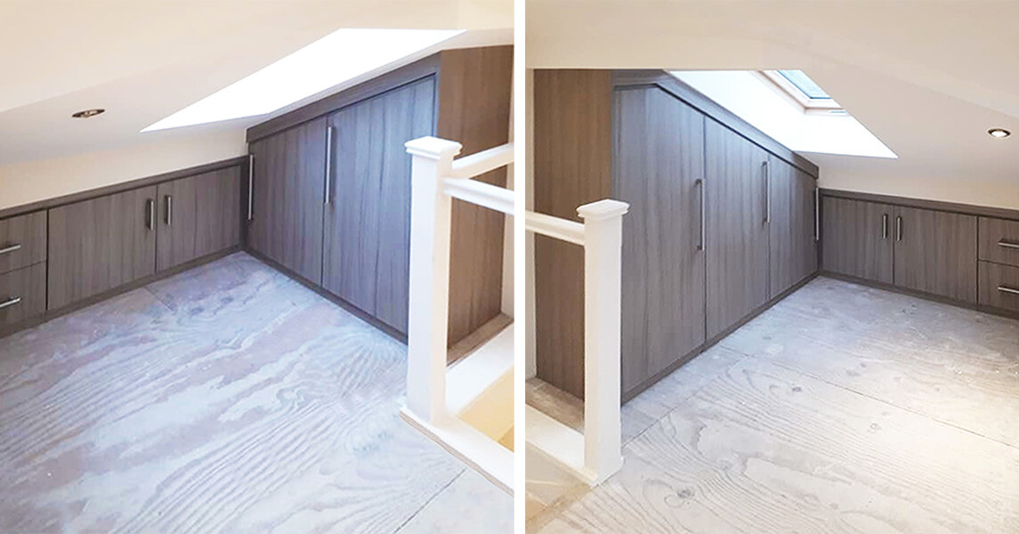 Dark Walnut fitted wardrobes and chest of drawers in an attic/loft space.