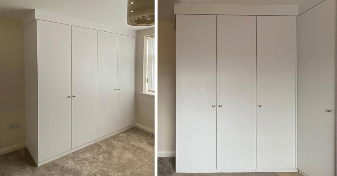 Fitted wardrobes in an ivory matt finish.