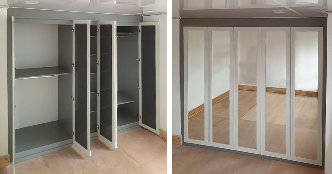 Dark grey & cream fitted wardrobes with full-length mirrors with hanging rails and shelves.