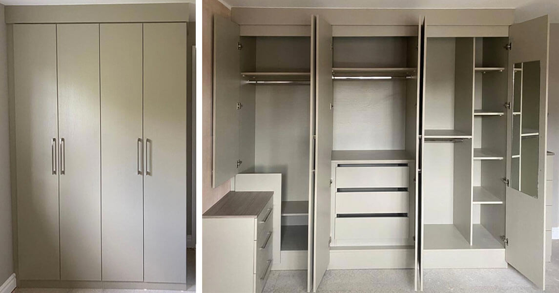 Fitted wardrobes in a light grey matt finish, with a view of the inside showing hanging rails, fitted drawers, and open shelves.