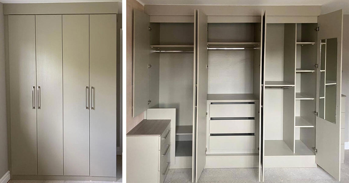 Fitted wardrobes in a light grey matt finish, with a view of the inside showing hanging rails, fitted drawers, and open shelves.