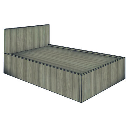 Compact anti-ligature small double bed with headboard and no storage, in muted wood finish.