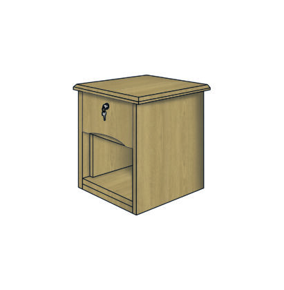 Anti-ligature bedside cabinet with one lockable drawer and open shelf, in a light wood finish.