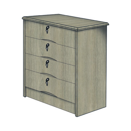 Medium-height anti-ligature chest of drawers with four secure, lockable drawers in a muted wood tone.