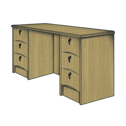 Double-pedestal desk with six lockable drawers and recessed handles in a light wood finish.