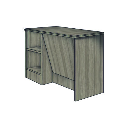 Single-sided anti-ligature desk with open shelving and sloped centre panel in grey wood.