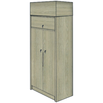 Full-height double wardrobe in wood finish with top compartment and ligature-reducing handles.