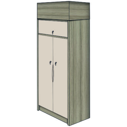 Two-tone double-door fitted wardrobe with anti-ligature features, extending to ceiling height.