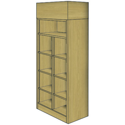 Fitted double wardrobe with ceiling-height design, split into open shelving and hanging sections.