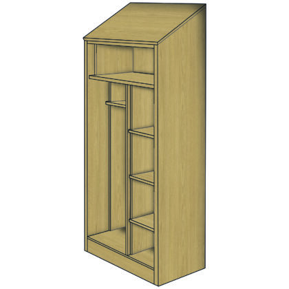Fitted double wardrobe with half hanging, half shelving interior and sloped anti-climb top.