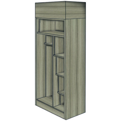 Open double anti-ligature wardrobe with hanging and shelving compartments, extending to ceiling height.