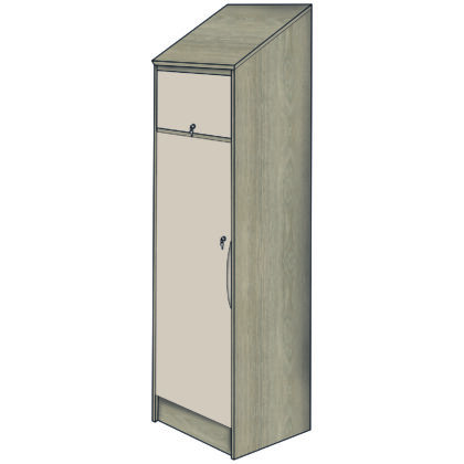 Single-door anti-ligature wardrobe in a two-tone finish with sloped top and secure fittings.