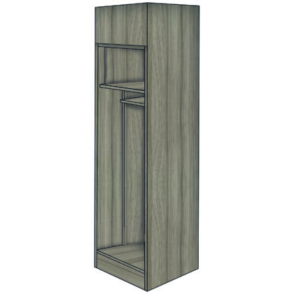 Anti-ligature wardrobe with hanging rail and integrated top box in a natural wood finish.