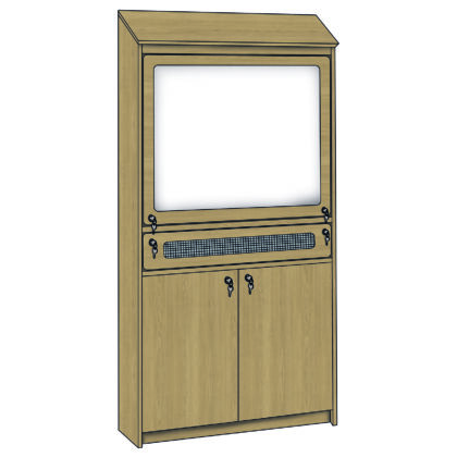 Secure TV and media unit with sloped top, lockable screen, and mesh-fronted ventilation panel, designed for mental health settings.