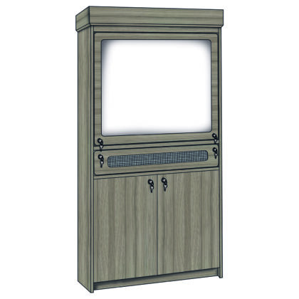 Secure fitted media unit with integrated TV screen and ventilation panel in a wood-effect finish.