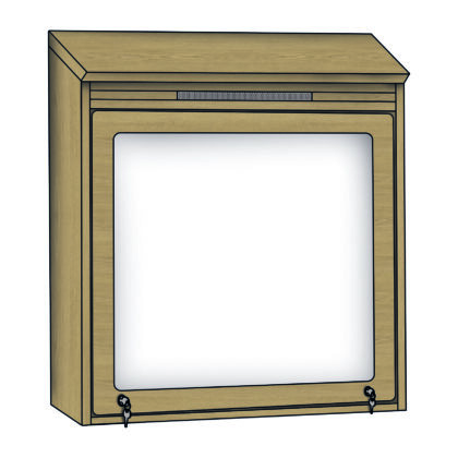 Wall-mounted anti-ligature TV unit with sloped top and polycarbonate screen cover.