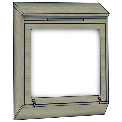 Anti-ligature TV wall unit with sloped top and bottom, secured screen, and vent slot.