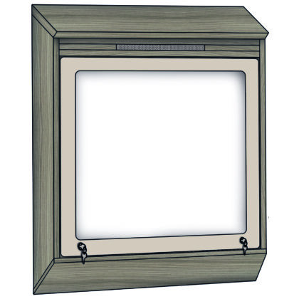 Wall-mounted anti-ligature TV unit with sloped top and bottom, polycarbonate screen, and two-tone finish.