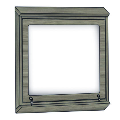 Anti-ligature notice board with sloped top and bottom edges and a 6mm polycarbonate screen.