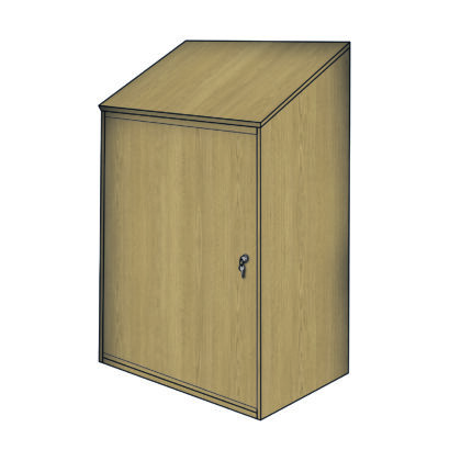 Secure wooden cabinet for two fire extinguishers with sloped top and key-locked front.