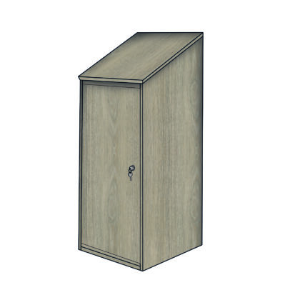 Wooden single fire extinguisher cabinet with sloped top and secure key-locked front panel.